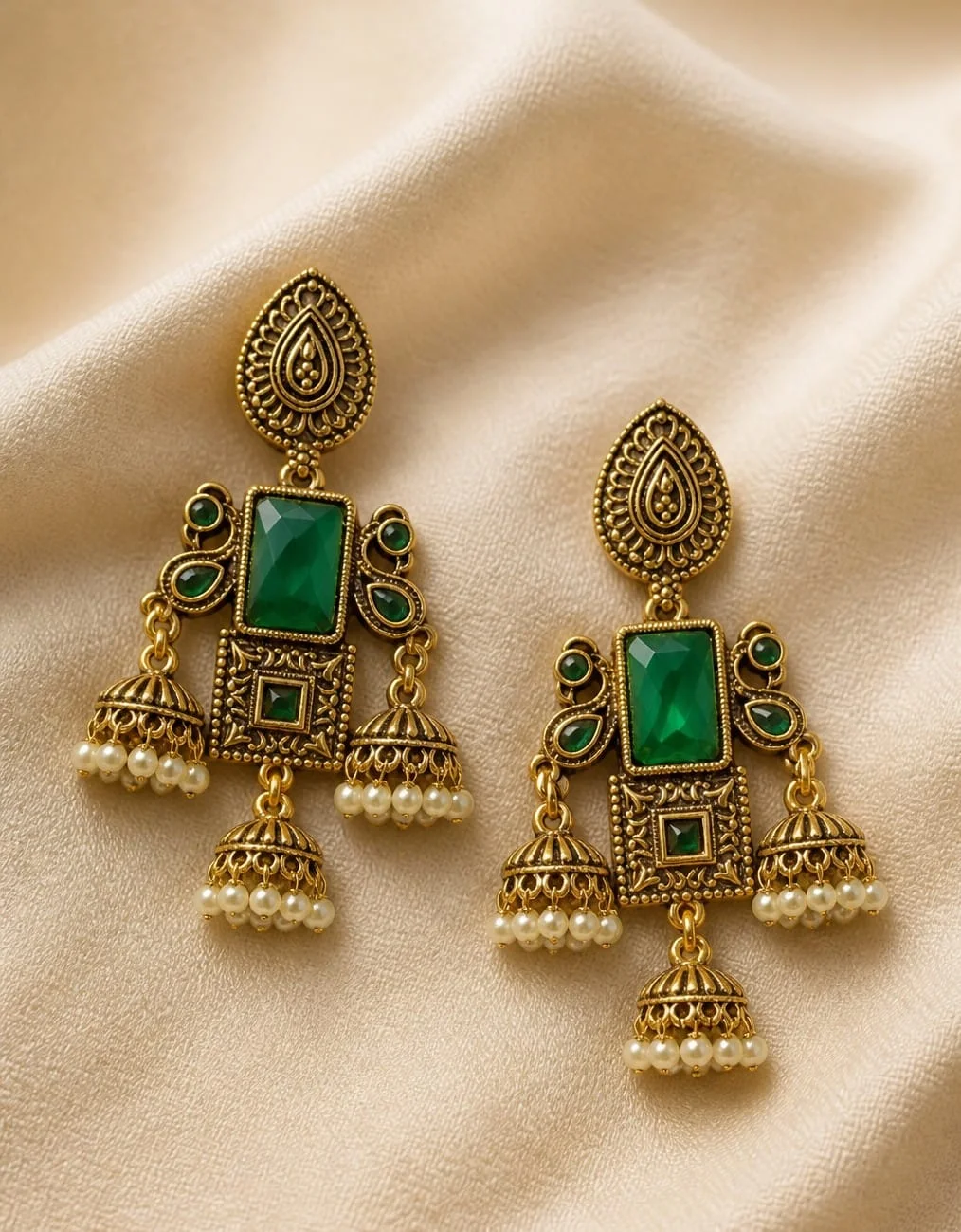 Jhumka Earrings Three Tired Dangling Bell Design With Green Stone.