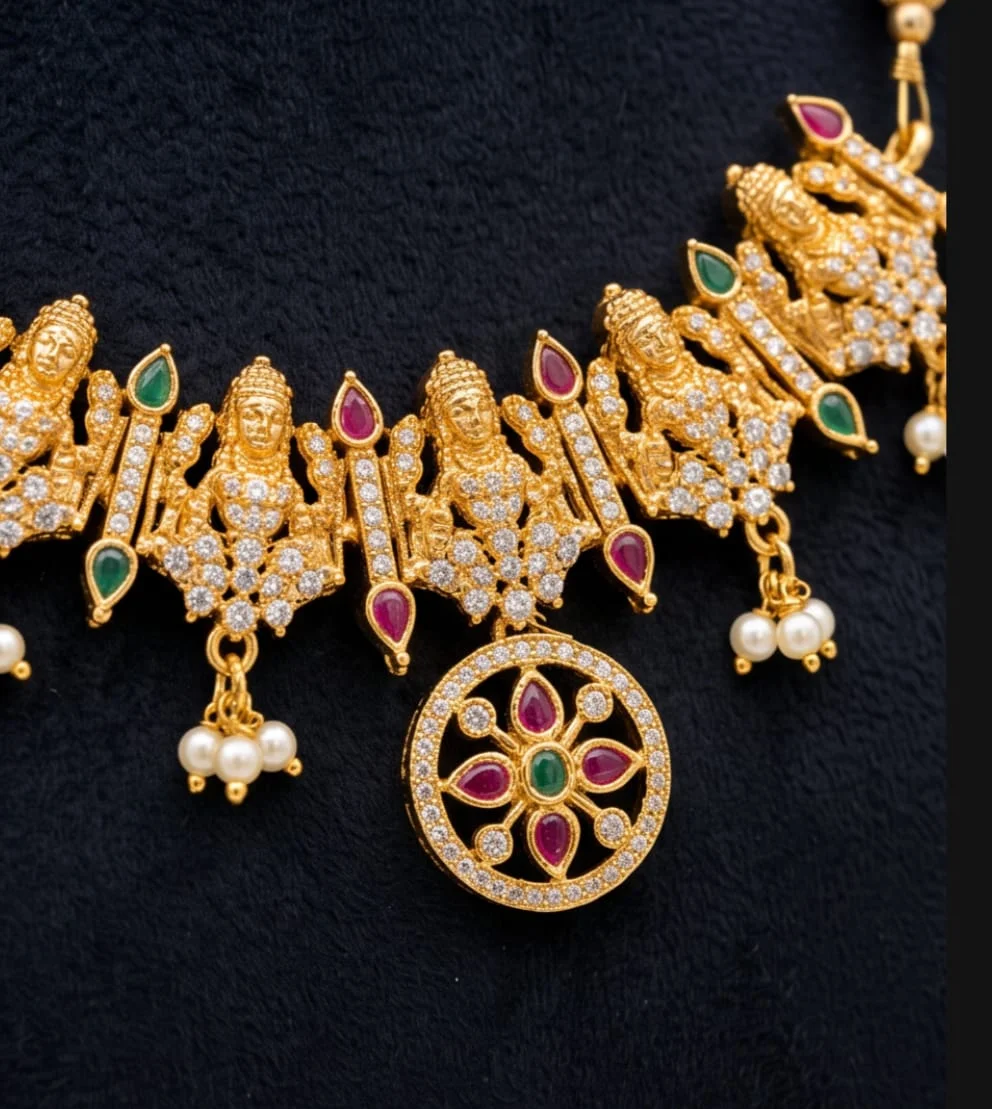 Gold Turned Goddess Lakshmi Invisible Necklace Set. alternate view
