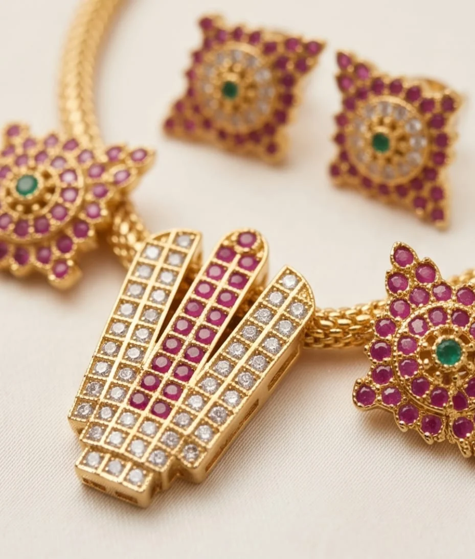 Traditional South Indian Gold Plated Temple Jewellery Set Features A Central Lord Venkateshwara Namam view 3