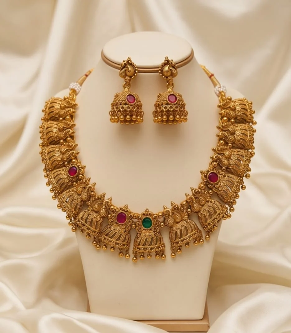 Traditional South Indian Gold Plated Jumka Style Temple Necklace Set Featuring Intricate Peacock Motifs And Embedded Ruby And Emerald Coloured Stones.