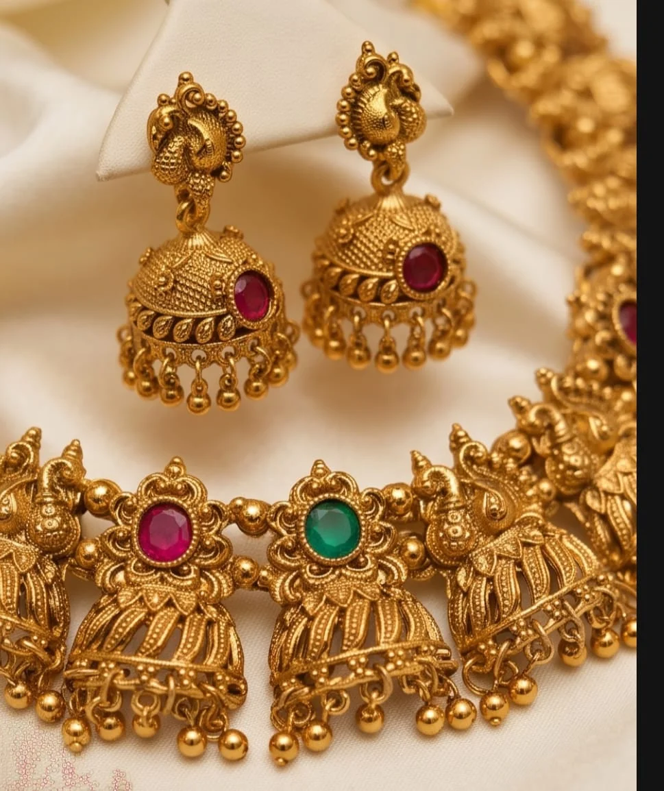 This Gold-Plated Temple Jewellery Necklace Featuring Highly Detailed 3D Embossed Lakshmi Deity alternate view