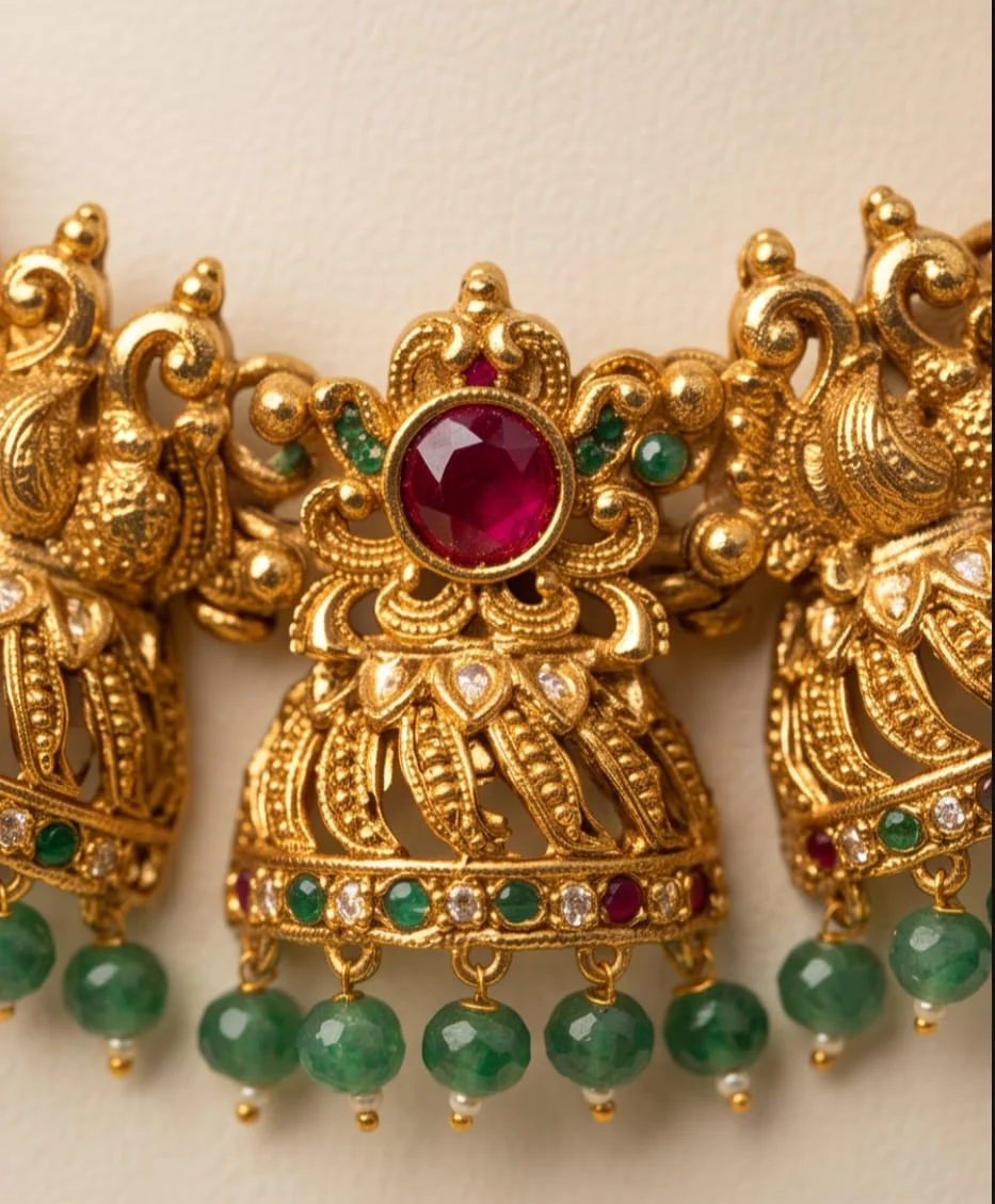 This Traditional South Indian Antique Gold-Plated Temple Jewelry Set Features An Intricate Jhumka-Style Choker Necklace view 3