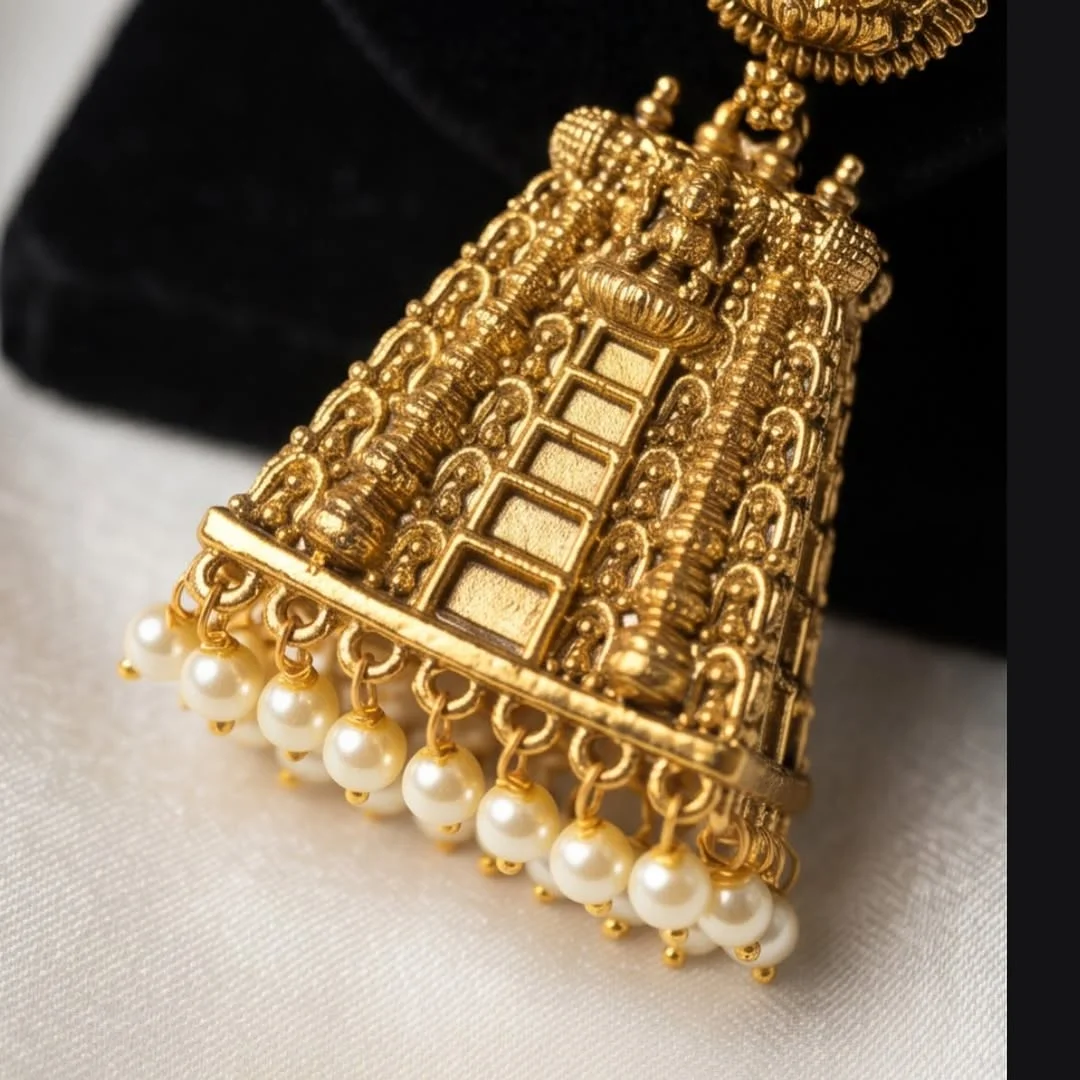 Gopuram Temple Design Pearl Drop Earrings view 3