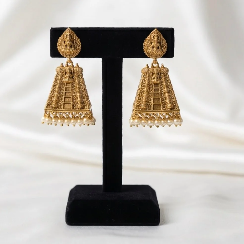 Gopuram Temple Design Pearl Drop Earrings alternate view