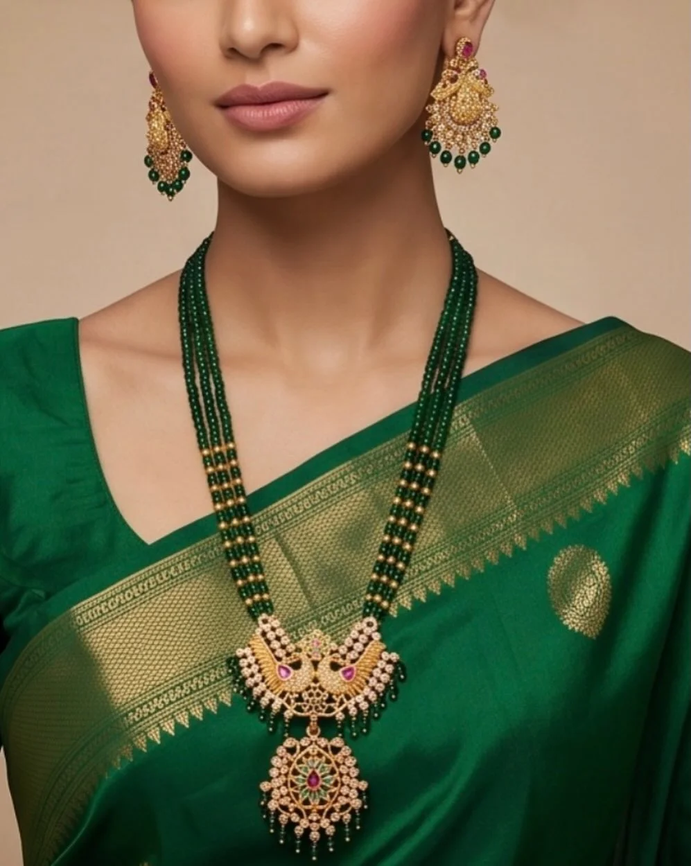 Antique Multi Strand Green Hydro Beads Long Necklace Set