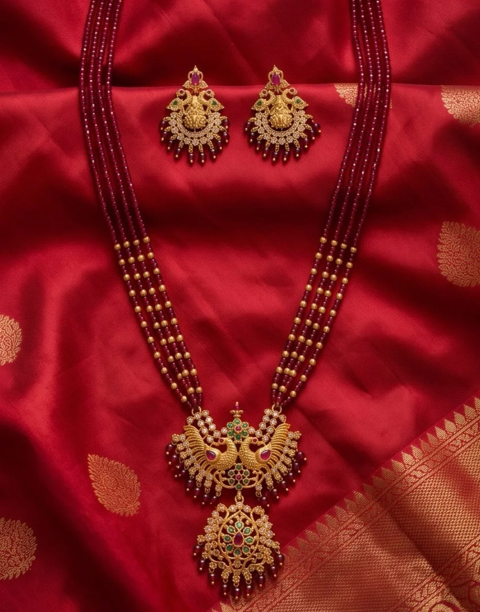 Antique Multi Strand Red Hydro Beads Long Necklace Set