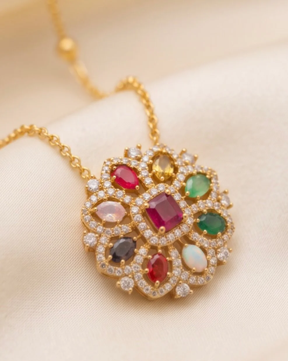 Navaratna Gold Plated AD Stone Pendant Set view 3