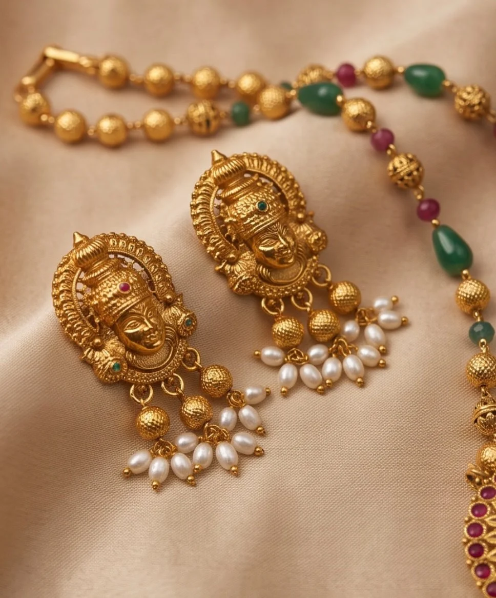 Antique Gold Plated Multicoloured Beads With Kathakali Long Pendant Set view 3