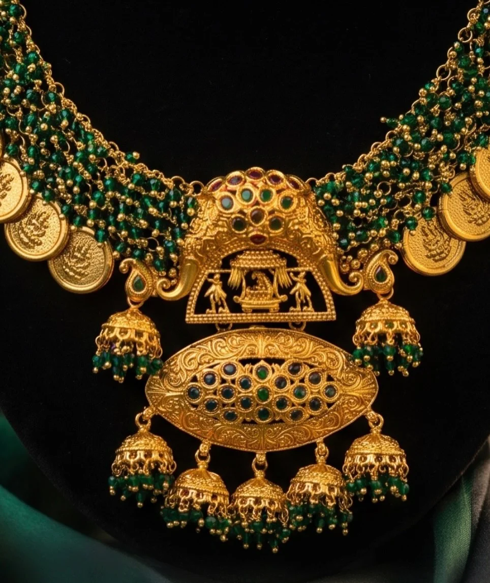 Green Beads With Gold Coin Embossed Necklace Set alternate view